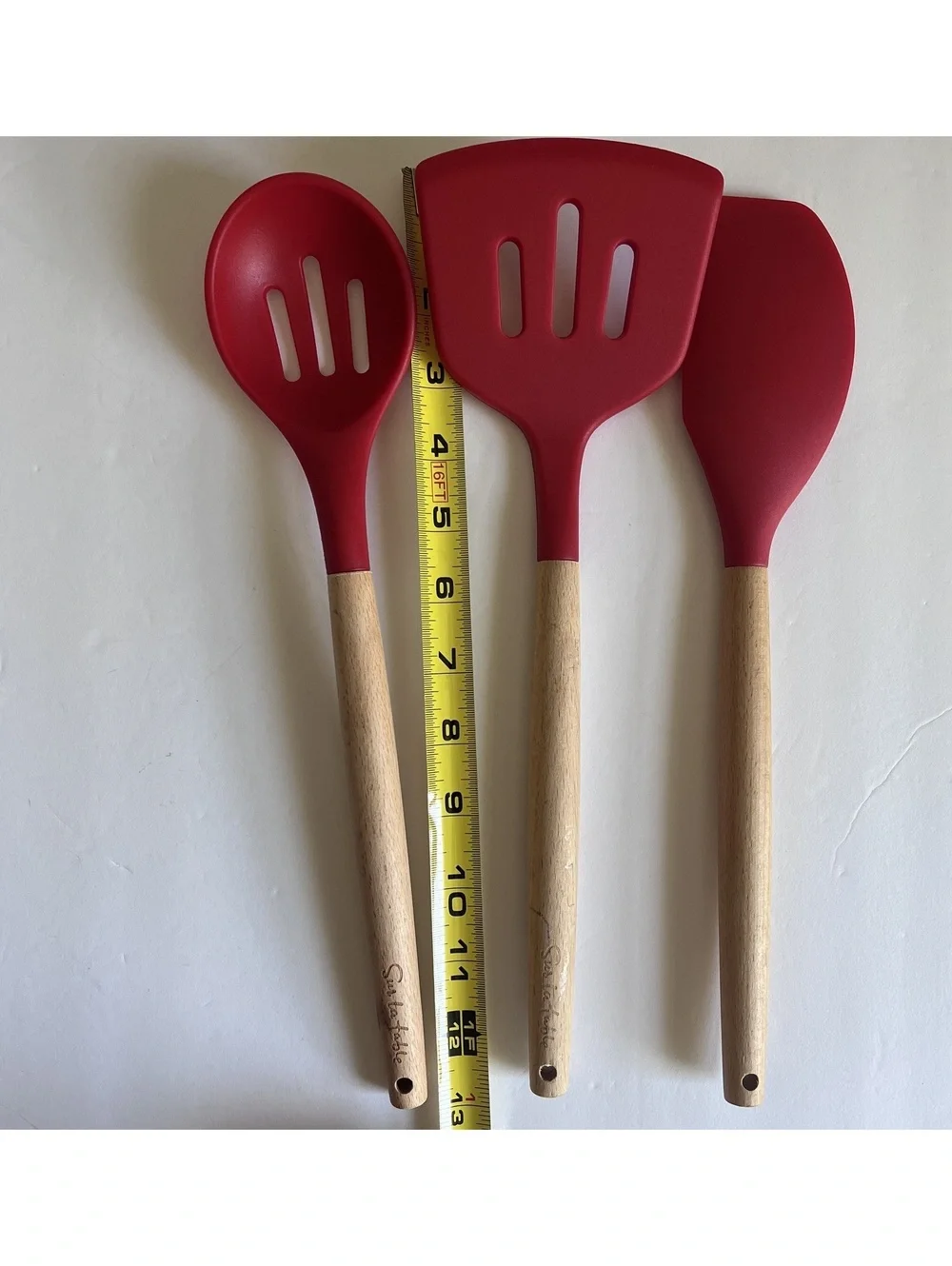 Sur La Table Utensil Set 3 piece Red Silicone Heads Natural Wooden Handles